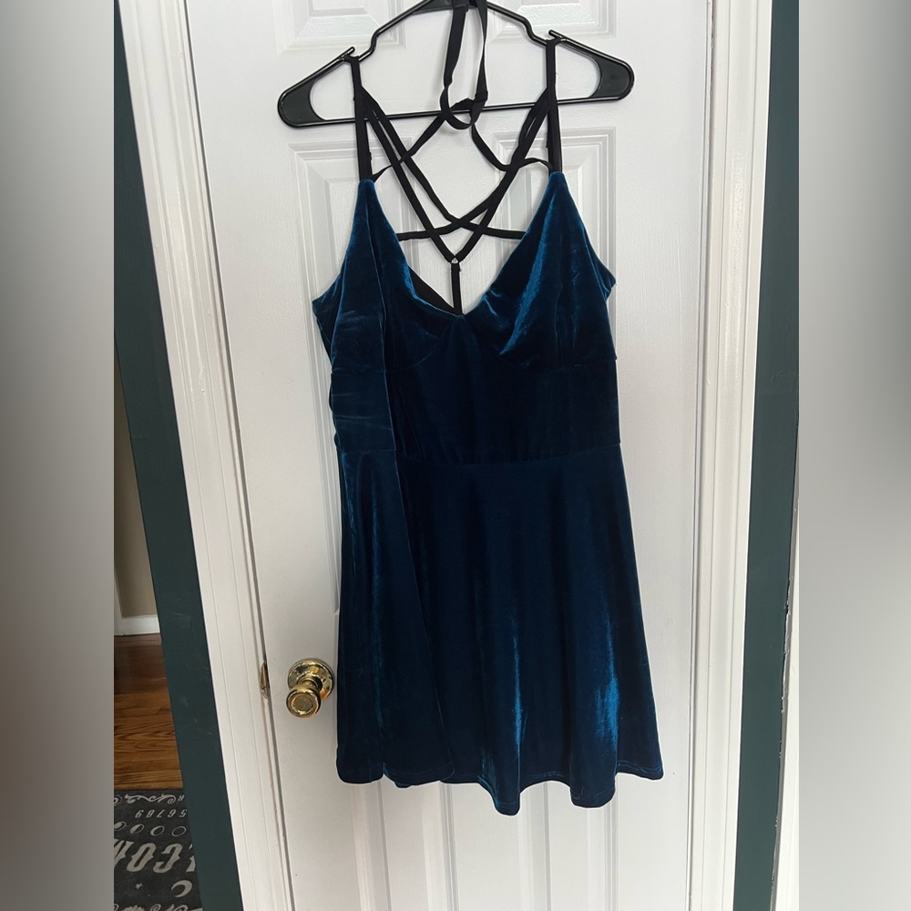 Killstar Teal Velvet Mini Dress with Strappy Lattice Back